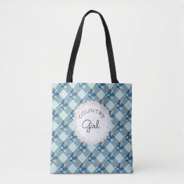 Country Girl Blue Gingham Flowers Patroon Draagtas