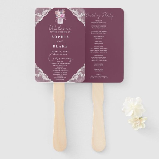 Country Lace Mason Jar Bourgondië Trouwprogramma Handwaaier (Voorkant en achterkant)