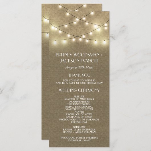 Country Lights + Rustieke Burlap Wedding Programma (Voorkant / Achterkant)