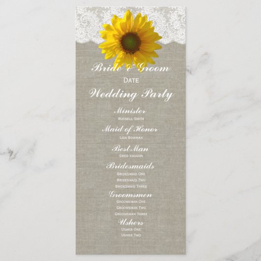 Country Linen Sunflower Lace Programme de mariage (Devant)