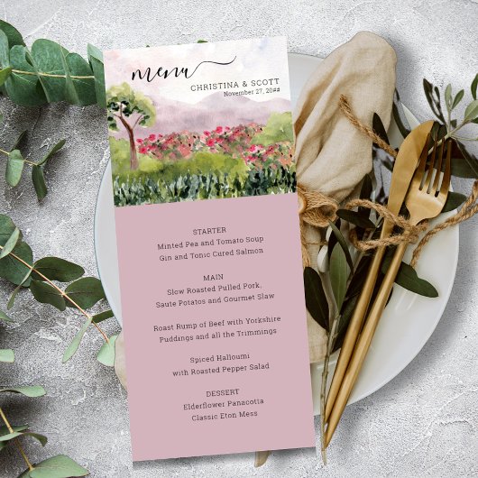 Country Meadow Watercolor Dusty Rose Menu Mariage