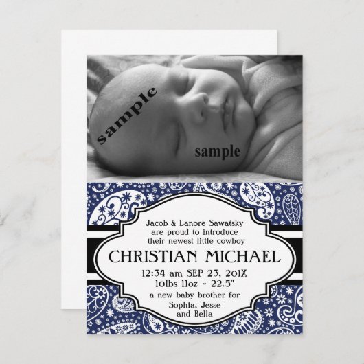 Country Paisley New Baby Boy Faire-part de naissan (Devant / Derrière)