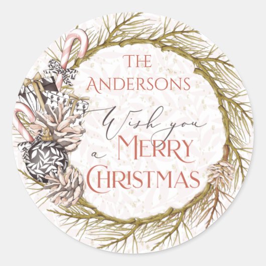 Country Pine Candy Cane Vrolijk Kerstfeest Ronde Sticker (Voorkant)