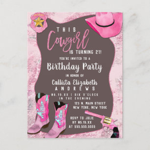 Country Pink Glitter Cowgirl Waterverf Verjaardag Uitnodiging Briefkaart