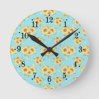 Country Powder Blue Yellow Sunflowers Wall Clock Ronde Klok