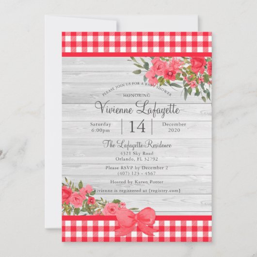 Country Red Gingham Floral Baby shower Kaart (Voorkant)