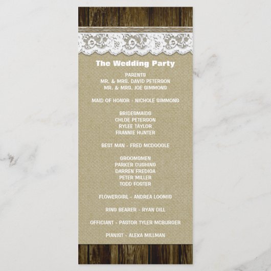 Country Rustic Burlap et Lace Wedding Programmes (Dos)