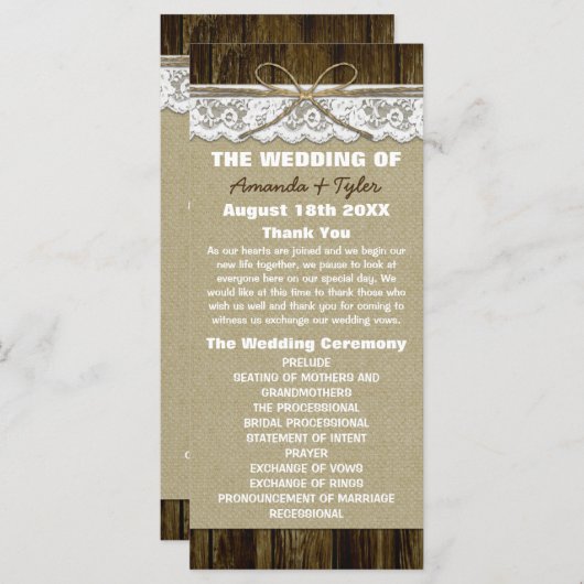 Country Rustic Burlap et Lace Wedding Programmes (Devant / Derrière)