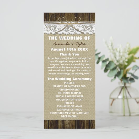 Country Rustic Burlap et Lace Wedding Programmes (Debout devant)