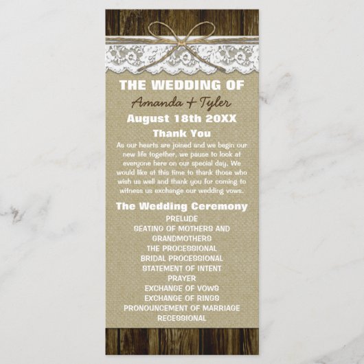 Country Rustic Burlap et Lace Wedding Programmes (Devant)
