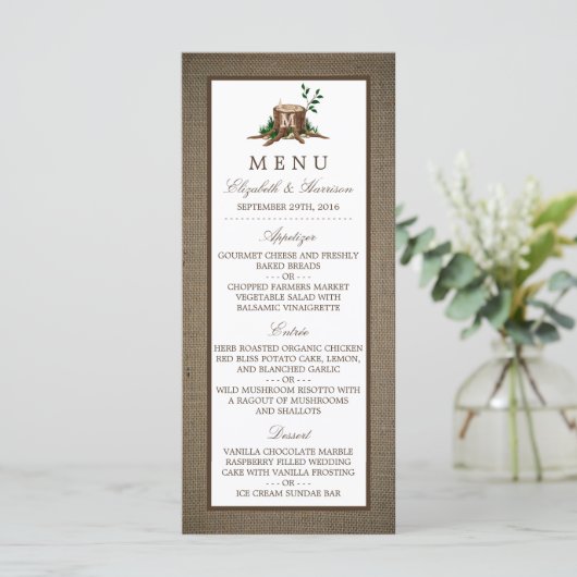 Country Rustic Monogram Tree & Burlap Menu Mariage (Debout devant)