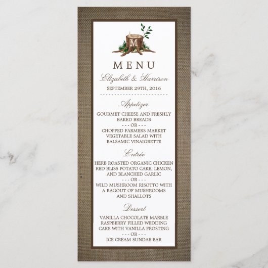 Country Rustic Monogram Tree & Burlap Menu Mariage (Devant)