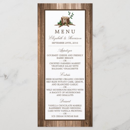Country Rustic Monogram Tree & Wood Menu Mariage (Devant)