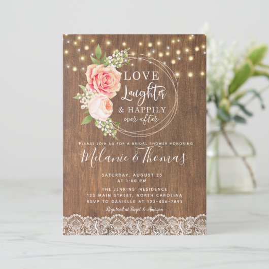 Country Rustic Roos Lace Bruids Douche Uitnodiging (Staand voorkant)