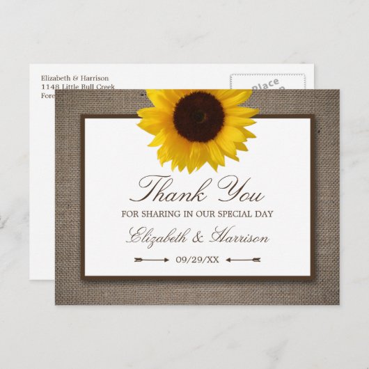 Country Rustic Sunflower & Burlap Dank u Briefkaart (Voorkant / Achterkant)