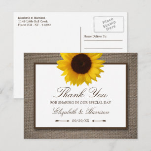 Country Rustic Sunflower & Burlap Dank u Briefkaart
