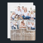 Country Rustic Wood Joyeux Carte photo de Noël<br><div class="desc">Bois rustique, patiné arrière - plan et élégante typographie préparent le décor d'un accueil de campagne pour famille et amis. Avec la place pour un collage photo multiple de votre famille, ce design encadre trois photos plus petites et une grande photo avec une bordure de grain de bois simulé au...</div>