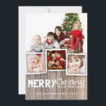 Country Rustic Wood Joyeux Carte photo de Noël<br><div class="desc">Rustique, patiné arrière - plan de bois et mélange fantaisiste de typographie préparent le terrain pour des vacances de campagne ludiques pour la famille et les amis. Avec la place pour un collage photo multiple de votre famille, ce design encadre trois photos plus petites et une grande photo avec une...</div>