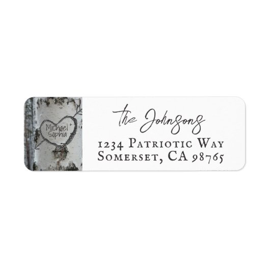 Country Rustiek gesneden hart berk boom Etiket (Voorkant)