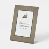 Country Rustieke Burlap Monogram Boom Bruiloft Reclamebord Met Voetstuk (Voorkant)