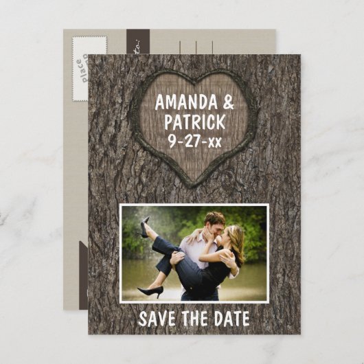 country rustieke gesneden eiken boom bewaar de dat aankondigingskaart (Voorkant / Achterkant)