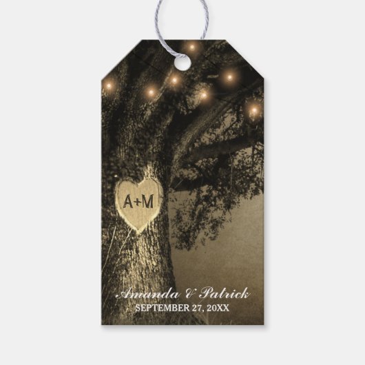 Country Rustieke Gesneden Eiken Boom Bruiloft Cadeaulabel (Voorkant)