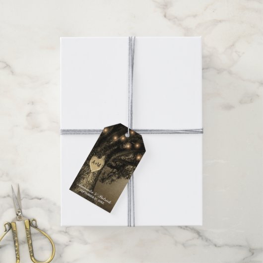 Country Rustieke Gesneden Eiken Boom Bruiloft Cadeaulabel (Met Touw)