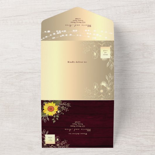 Country Rustieke Zonnebloem String Lights Wedding All In One Uitnodiging (Buitenkant)