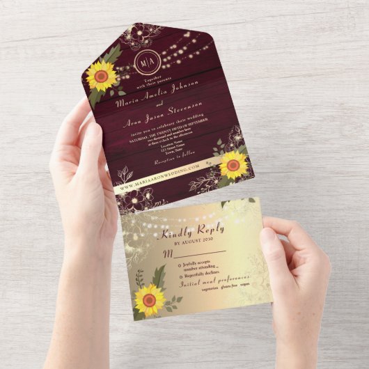 Country Rustieke Zonnebloem String Lights Wedding All In One Uitnodiging (Afscheurbaar)
