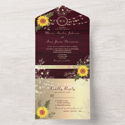 Country Rustieke Zonnebloem String Lights Wedding All In One Uitnodiging (Binnen)