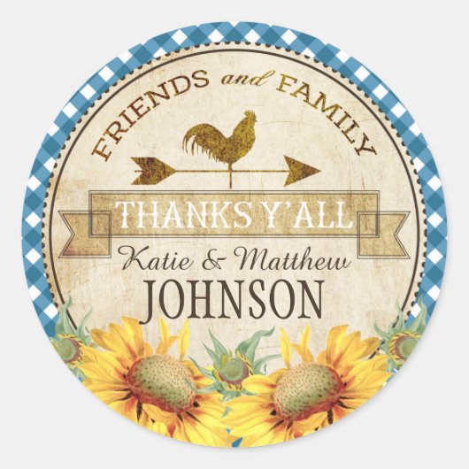 Country Sunflower Blue Gingham Check Dank u Ronde Sticker (Voorkant)
