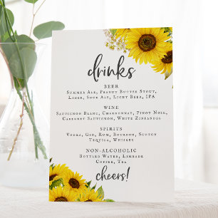 Country Sunflower Mariage Boissons Menu Panneau