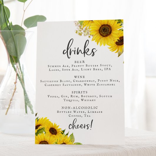 Country Sunflower Mariage Boissons Menu Panneau