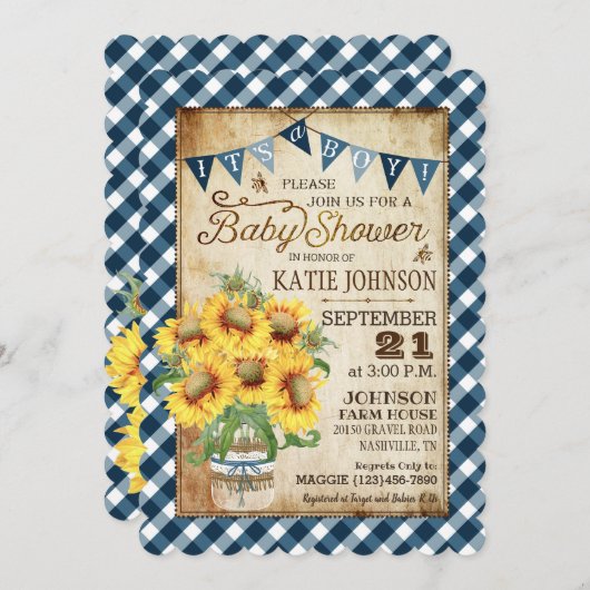 Country Sunflowers Gingham Check Boy Baby shower Kaart (Voorkant / Achterkant)