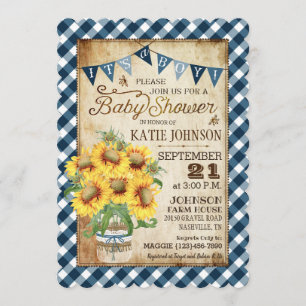 Country Sunflowers Gingham Check Boy Baby shower Kaart