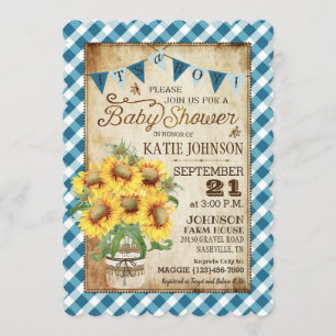 Country Sunflowers Gingham Check Boy Baby shower Kaart