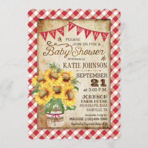 Country Sunflowers Gingham Check Twins Baby shower Kaart