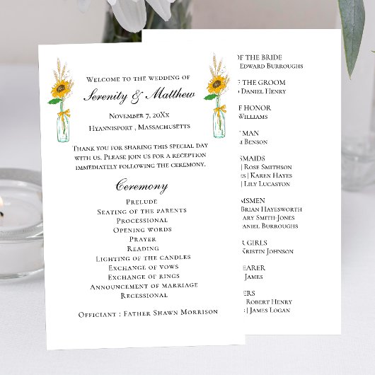 Country Sunflowers Rustic Floral Wedding Programme