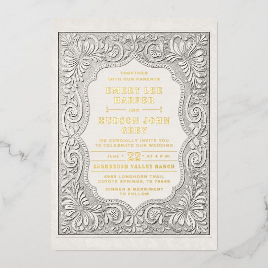 Country Tooled Leather Western Gold Rustic Wedding Folie Uitnodiging (Voorkant)