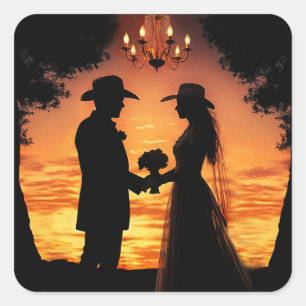 Country Western Bruid en Bruidegom Huwelijk Vierkante Sticker