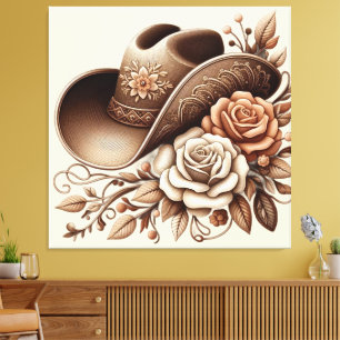 Country Western Cowgirl Hoed met Bloemen Canvas Afdruk