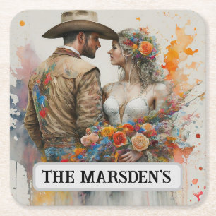 Country Western Jonggehuwden Aquarel Vierkante Kartonnen Onderzetter