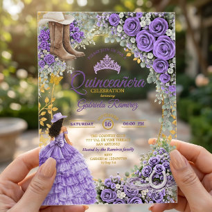 Country Western Lavendel Rozen Gouden Quinceañera Acryl Uitnodigingen