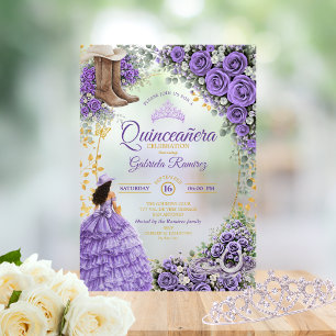 Country Western Lavendel Rozen Gouden Quinceañera Acryl Uitnodigingen