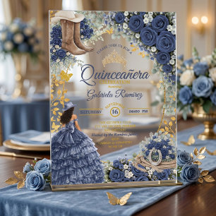 Country Western Navy Blauwe Rozen Gouden Quinceañe Acryl Uitnodigingen