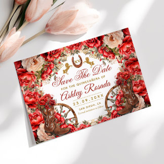 Country Western Quinceanera Rode Rozen Cowboylaarz Save The Date