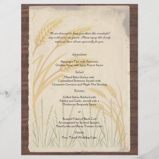 Country Wheat Grass op Parchment Wedding Menu (Voorkant)