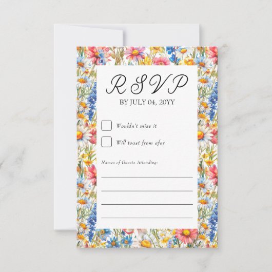 Country Wildflower Bruiloft Kleurrijk Bloemen Lijs RSVP Kaartje (Voorkant)