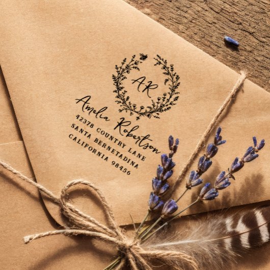 Country Wildflowers & Bee Monogram Rustiek Adres Rubberstempel