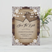 Country Wood String Lights Burlap Lace Wedding Save The Date (Staand voorkant)